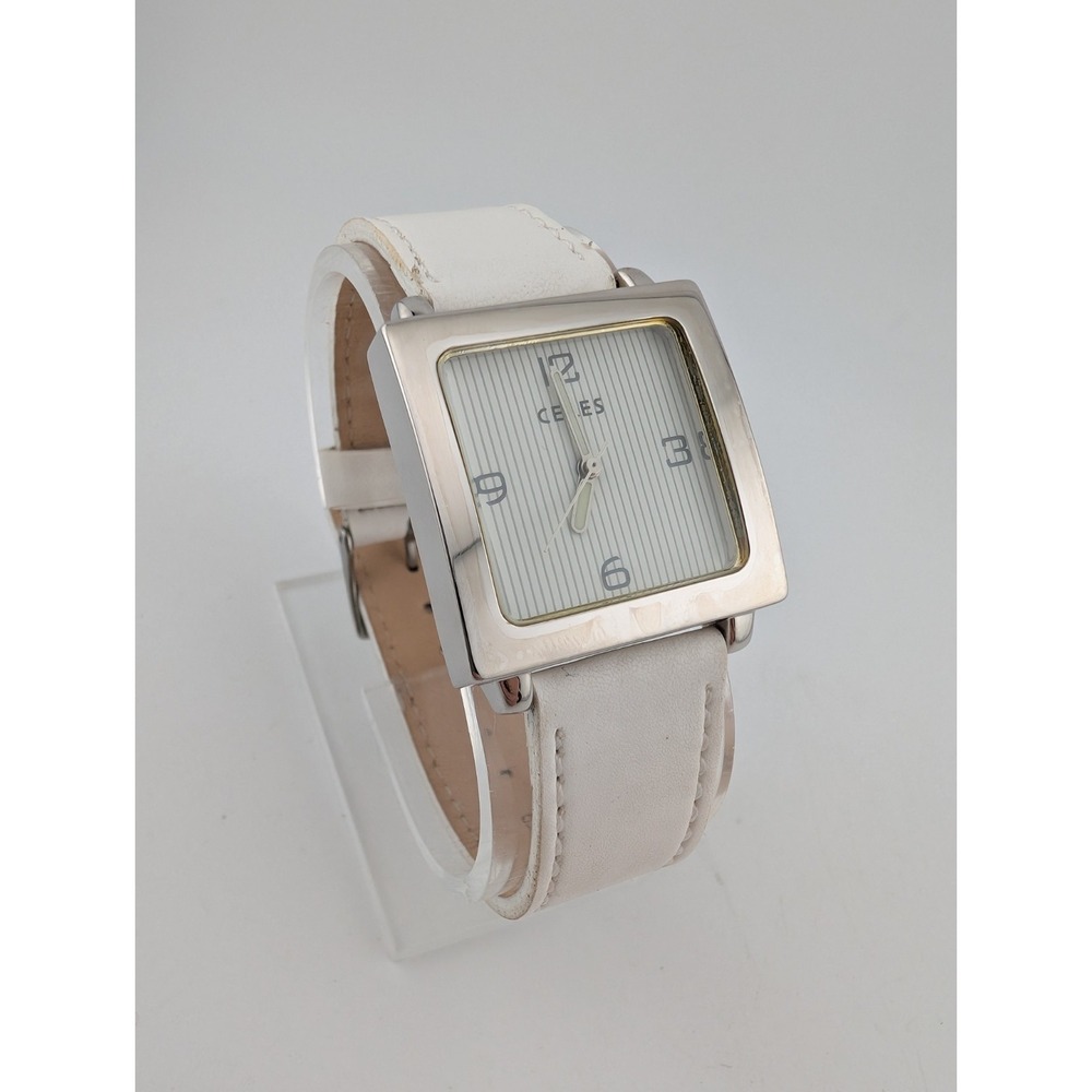 Ceres New York Watch Women 30mm Silver Case‎ White Leather Band- New Battery